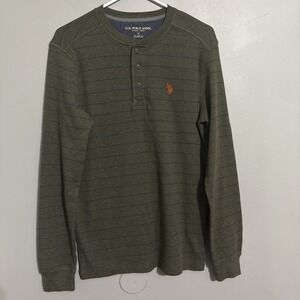 US POLO ASSN Shirt Men's S Green Henley‎ Thermal Long Sleeve Blue Stripes